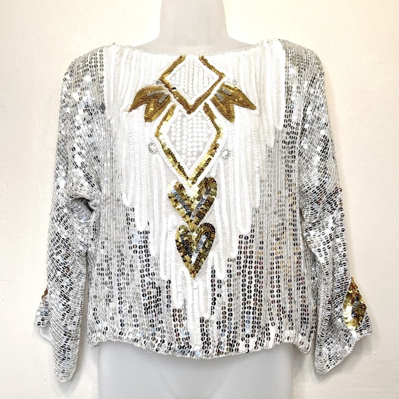 VTG Sequin Gold Hearts Beaded Embellished Disco Chic Valentine Glam Retro Blouse - Picture 2 of 16